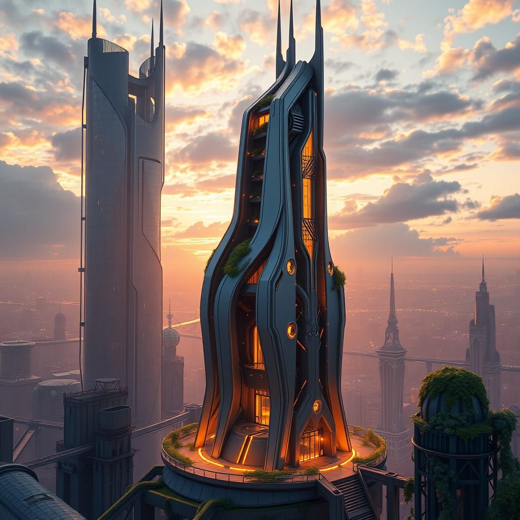 Sleek Futuristic Tower Rising Above Dystopian Cityscape
