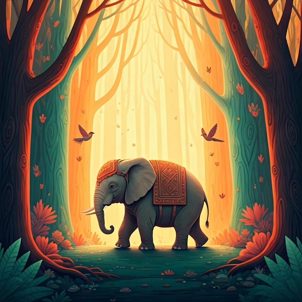 Baby Elephant in Colorful Wood Illustration