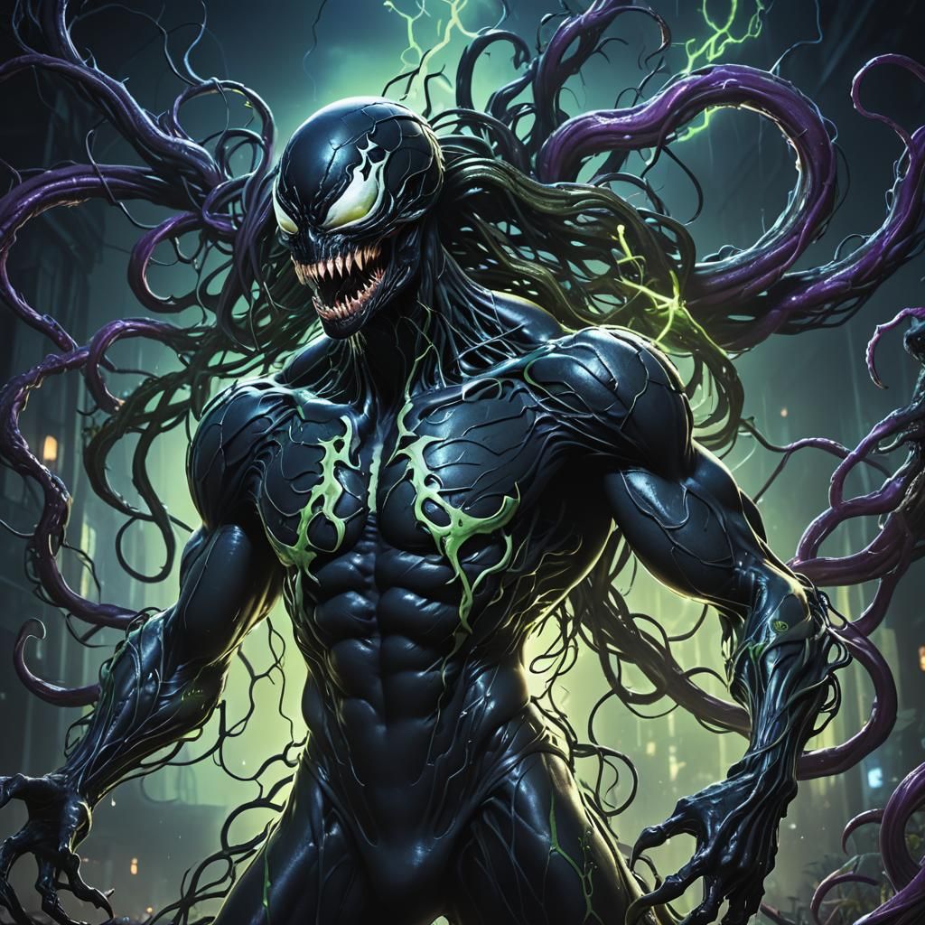 Human Transformed by Venom Symbiote in Dark Fantasy Style