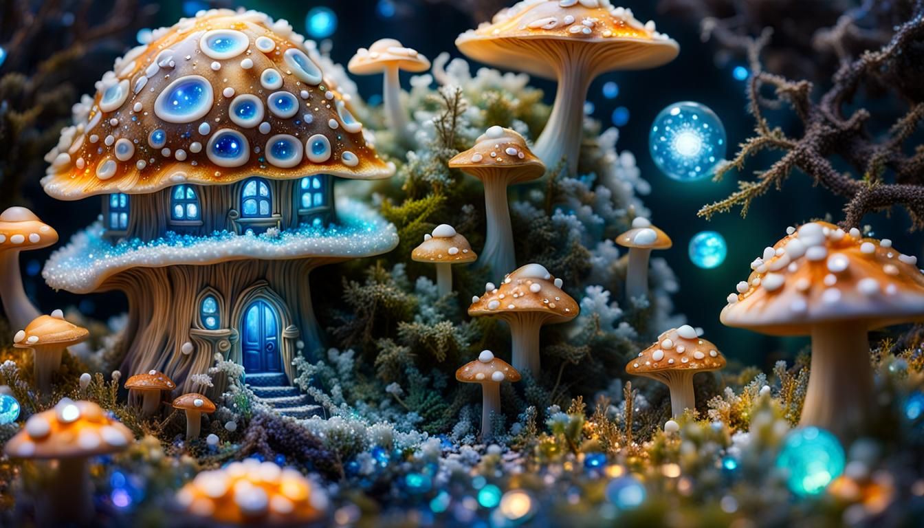 Bioluminescent Mushroom Home with Diamonds, Macro Photograph...