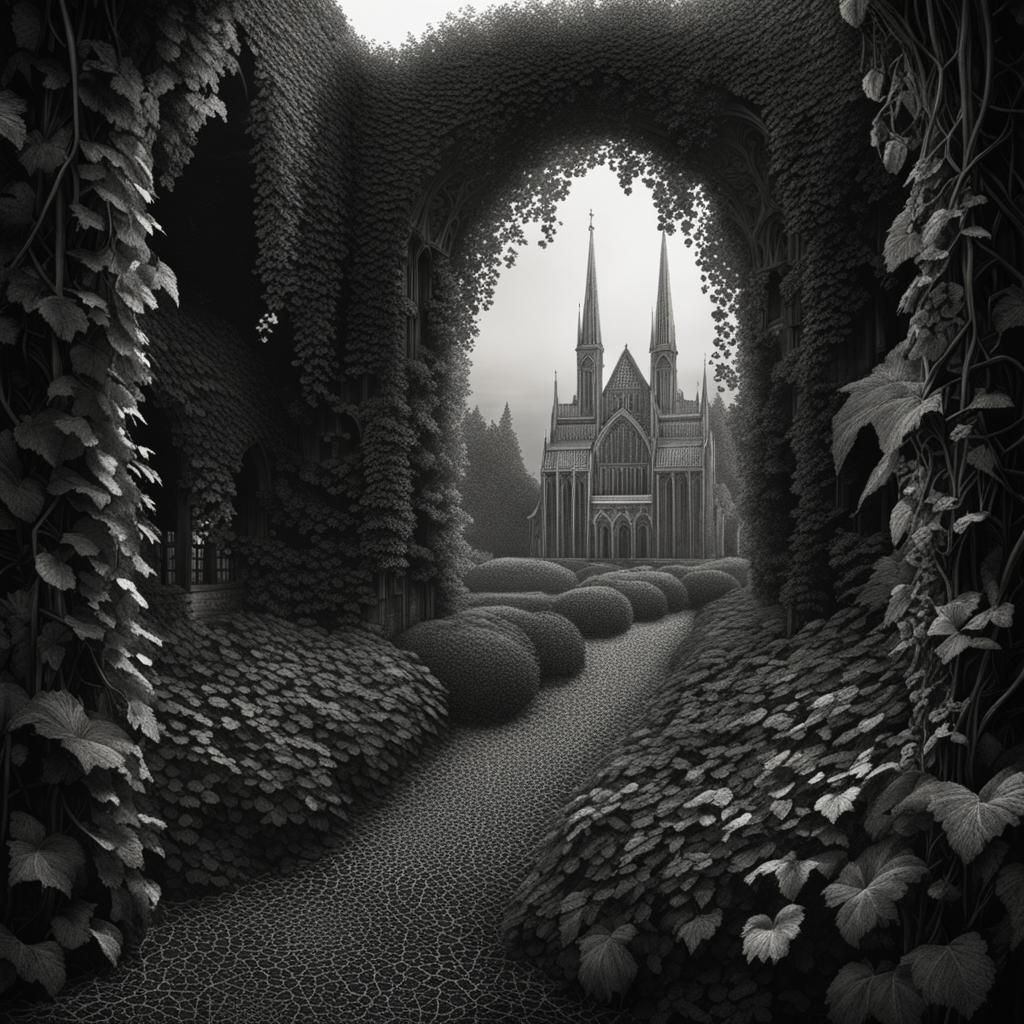 Dystopian Landscape with Entangled Vines in Gothic Art Style