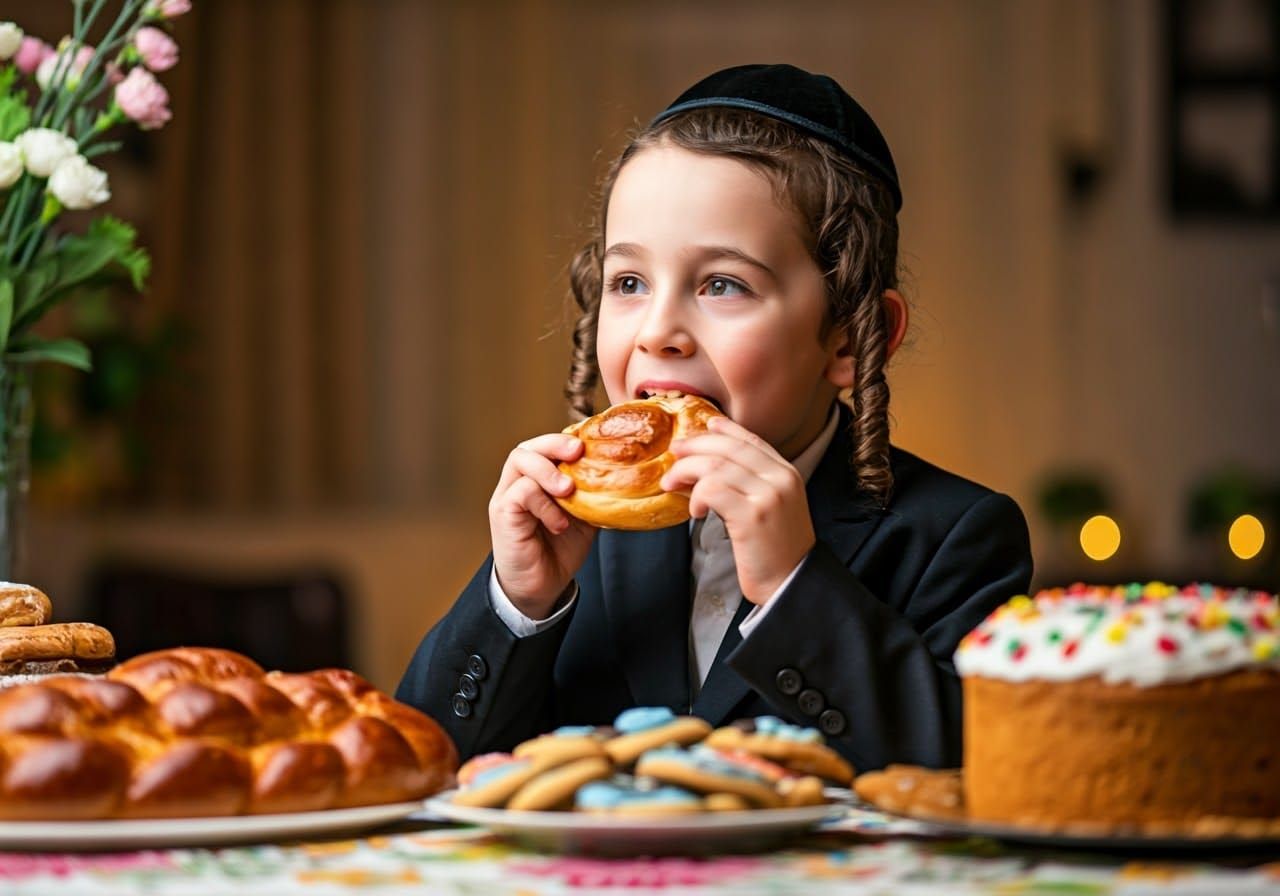 A Young Hasidic Boy Savoring a Passover Celebration in Warm,...