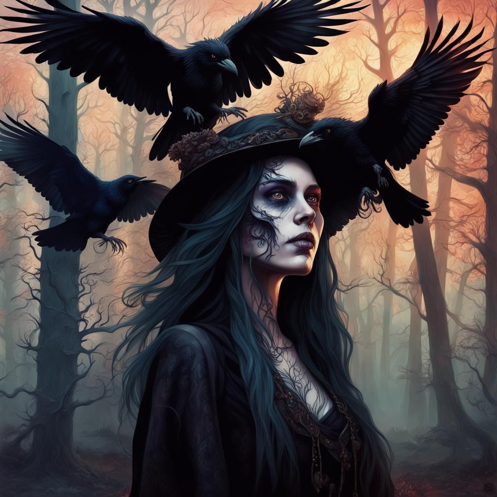 Gothic Forest Witch in Ominous Twilight