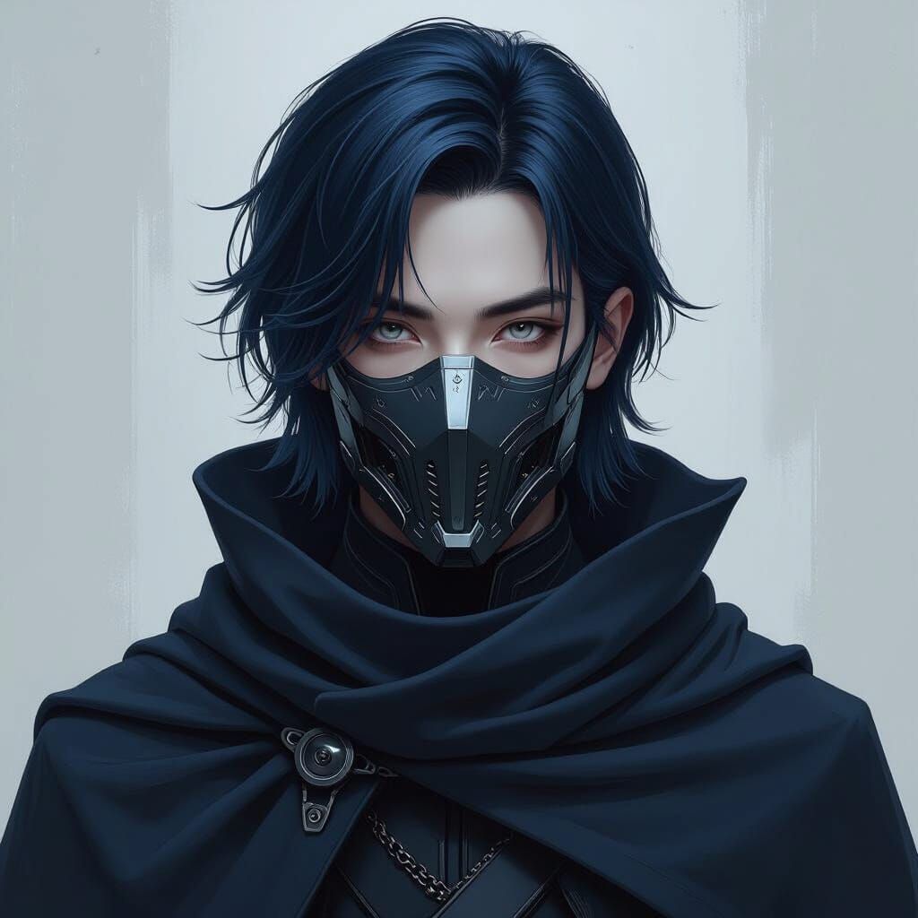 Young Man with Dark Blue Hair and Iron Mask