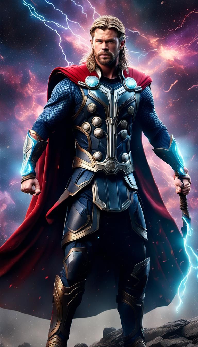 Thor Battles Thanos in Cosmic Nebula: Digital Art