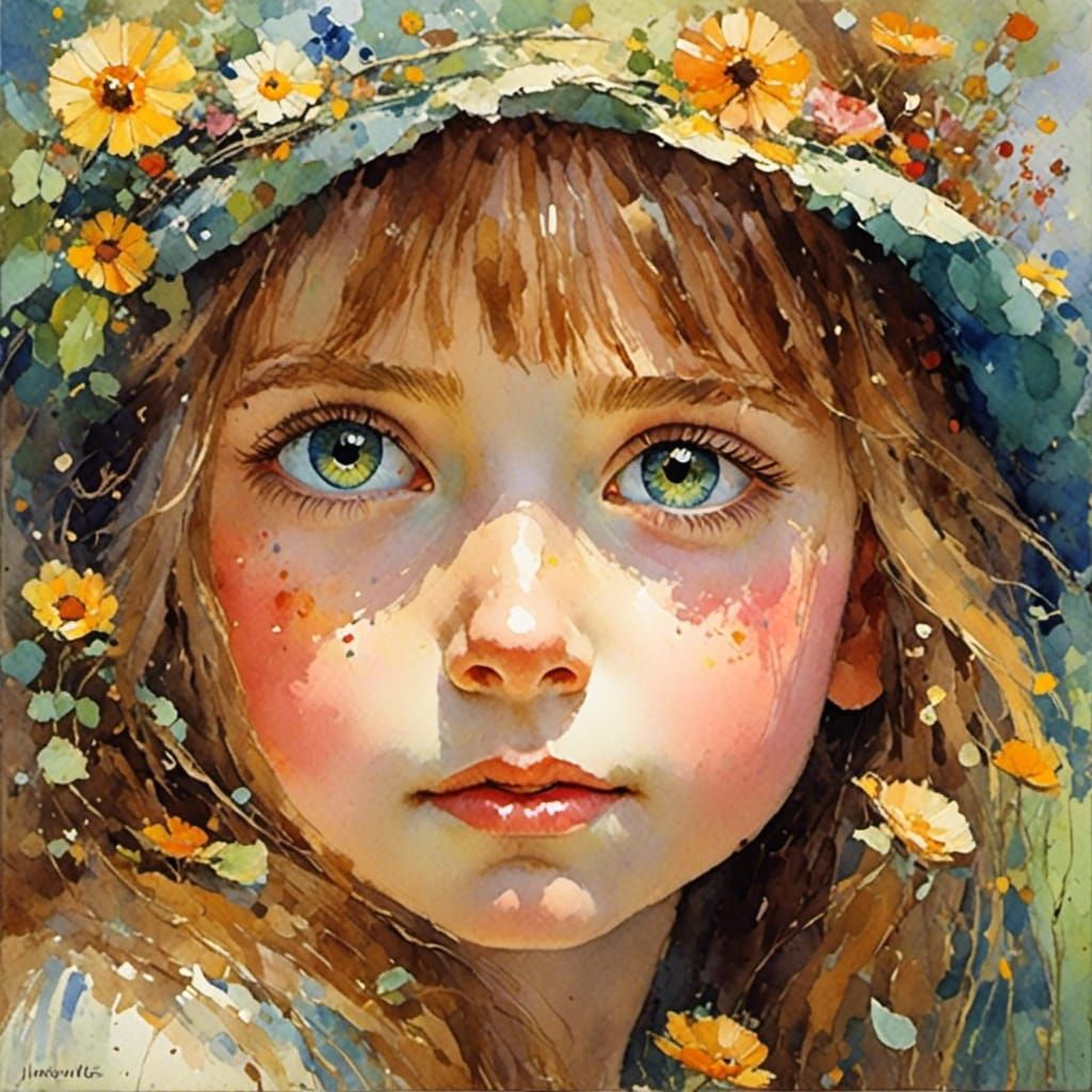 Cute Girl with Large Eyes, Expressionist Impasto Painting