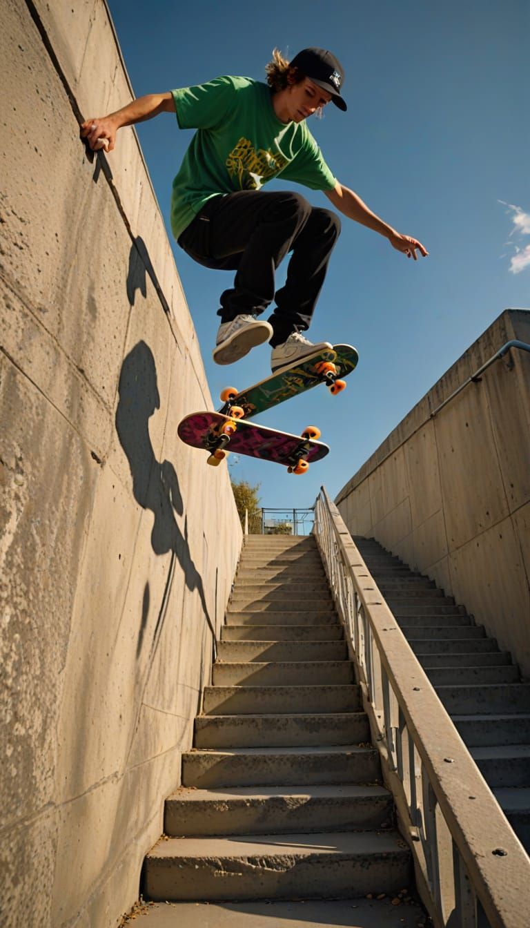 Thrilling Skateboarder Soars Down Stairs in Dynamic Golden H...