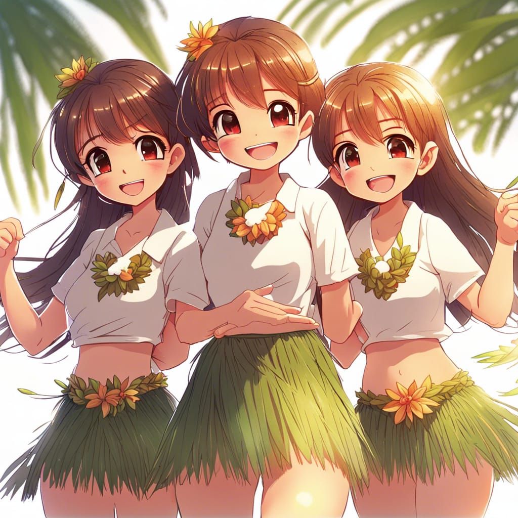 Three Identical Hula Girls in Anime Style