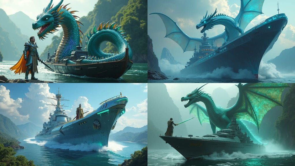 Futuristic Battleship Dominated by Majestic Opalescent Drago...