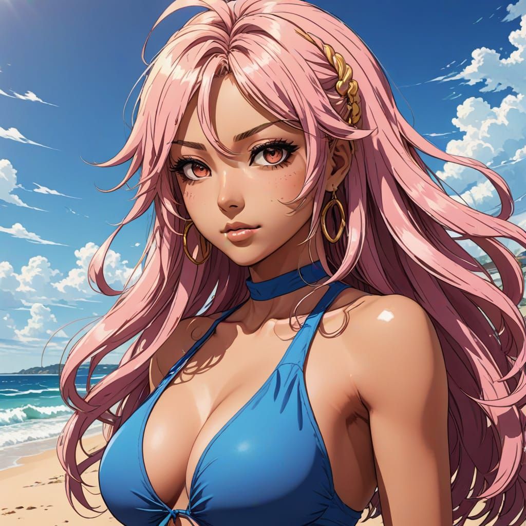 Gyaru Girl Basks in Vibrant Beach Sunset