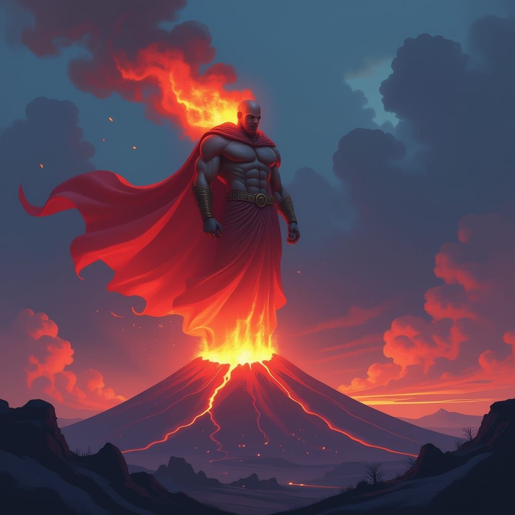 Fiery God Above Volcano in Dystopian Style