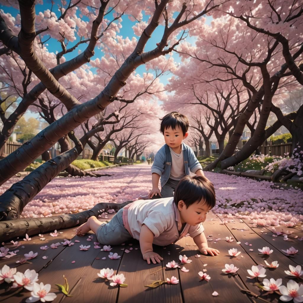 Baby Crawling Under Cherry Blossoms: Digital Matte Painting