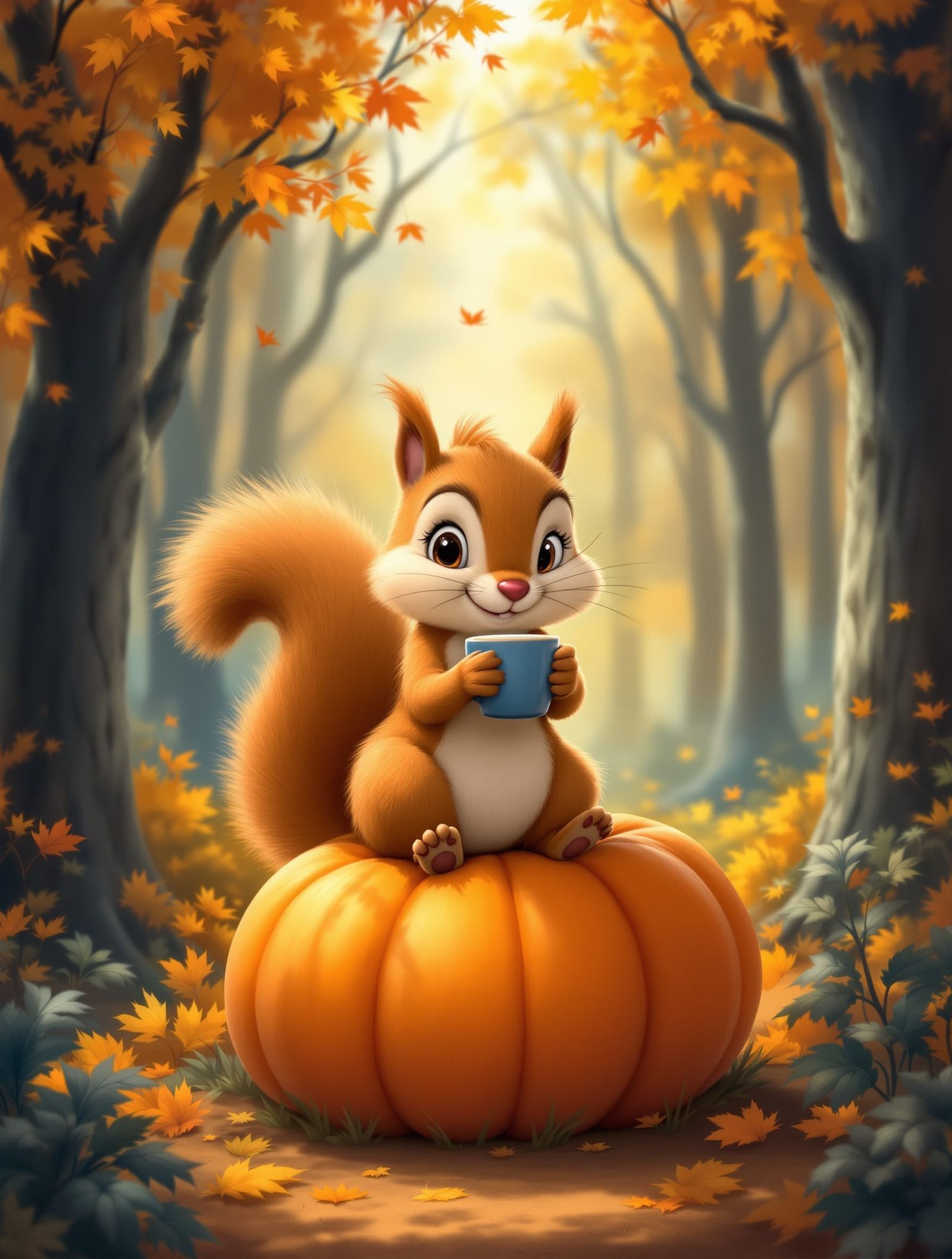 Cute Squirrel Enjoys Coffee on Autumn Pumpkin in Disney Styl...