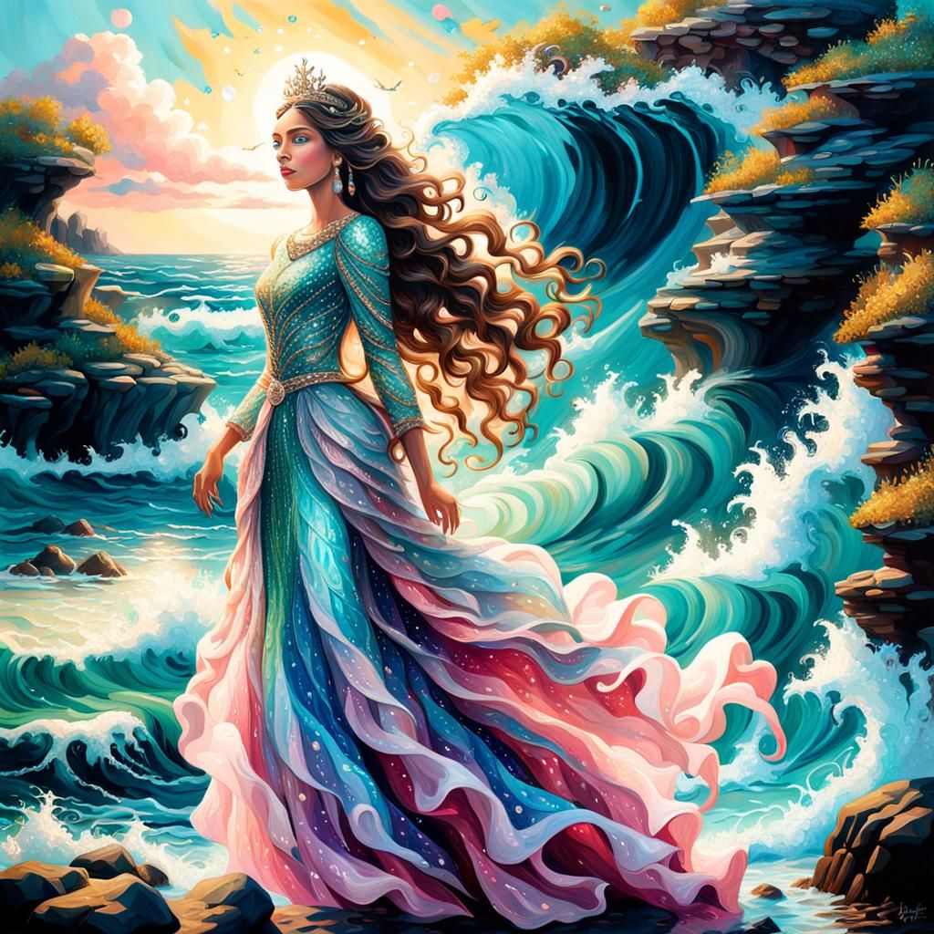 Sea Princess in Pink Gown: Magical Realism Oil Painting