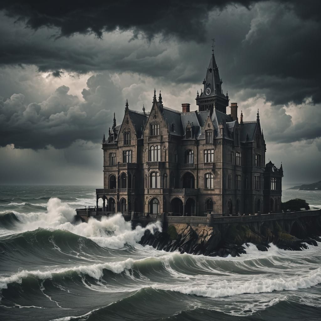 Gothic Mansion Overlooking Stormy Sea