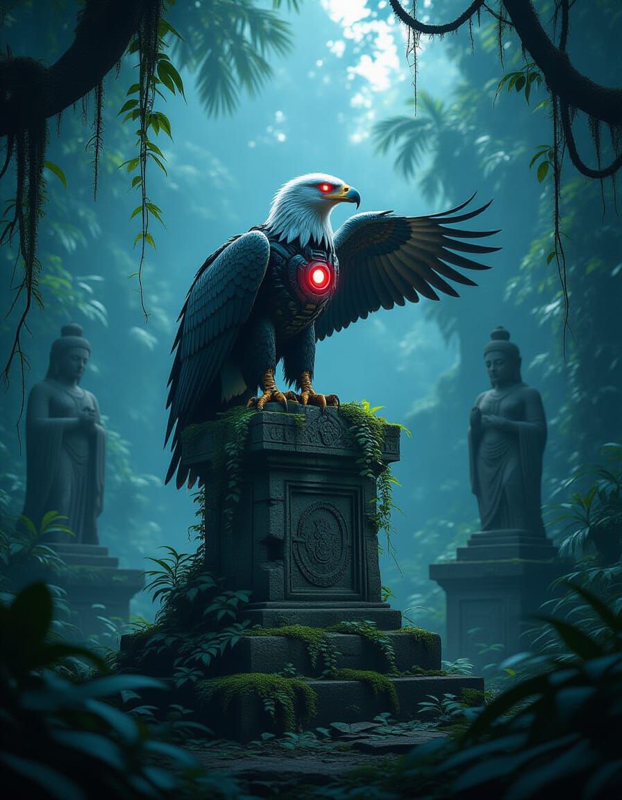 Cybernetic Eagle on Jungle Ruin in Mystical Light