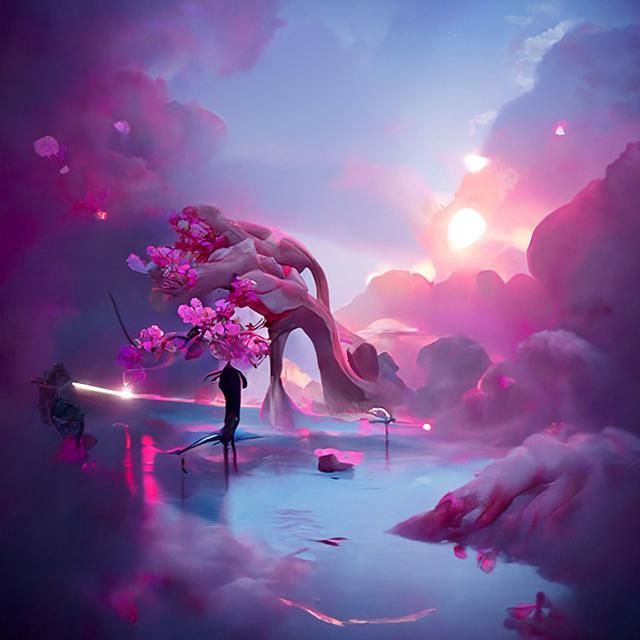 Astral Zen Garden with Cherry Blossoms in Digital Art