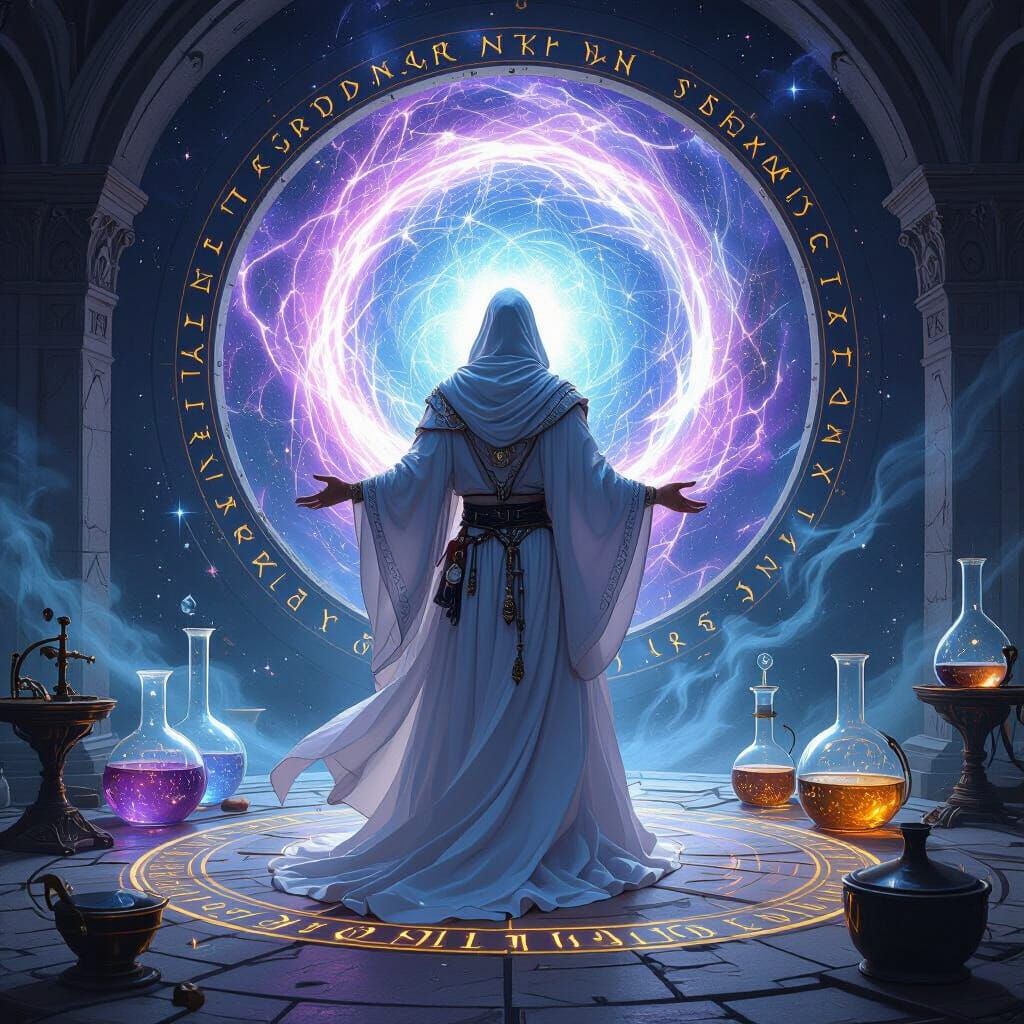 Cosmic Alchemist Conjures Vortex in Art Nouveau Style