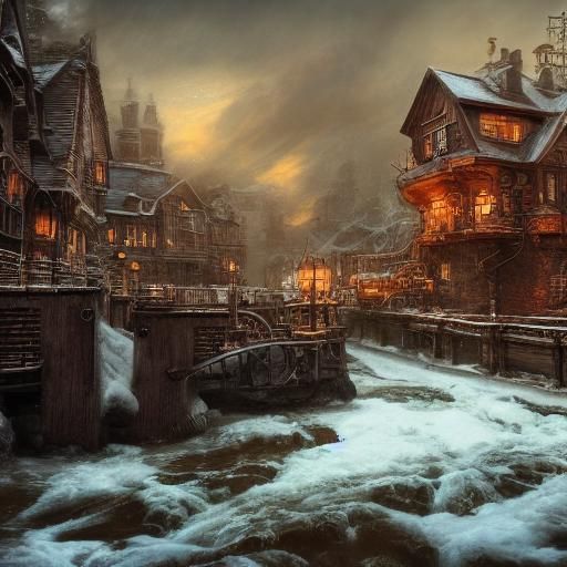 Steampunk Village Scene with Grandfather Frost, 8K