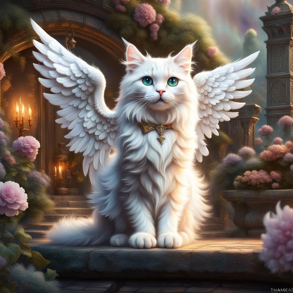 Angelic Cat with Iridescent Eyes in Kinkade Style