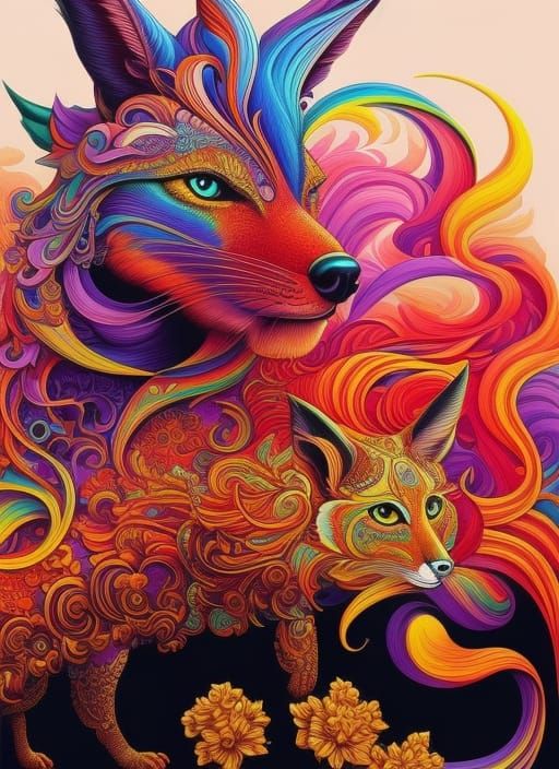 Psychedelic Fire Fox Vector Art Illustration