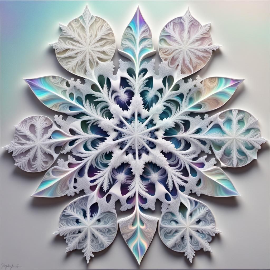 Pearlescent Fractal Snowflakes with Iridescent Refraction