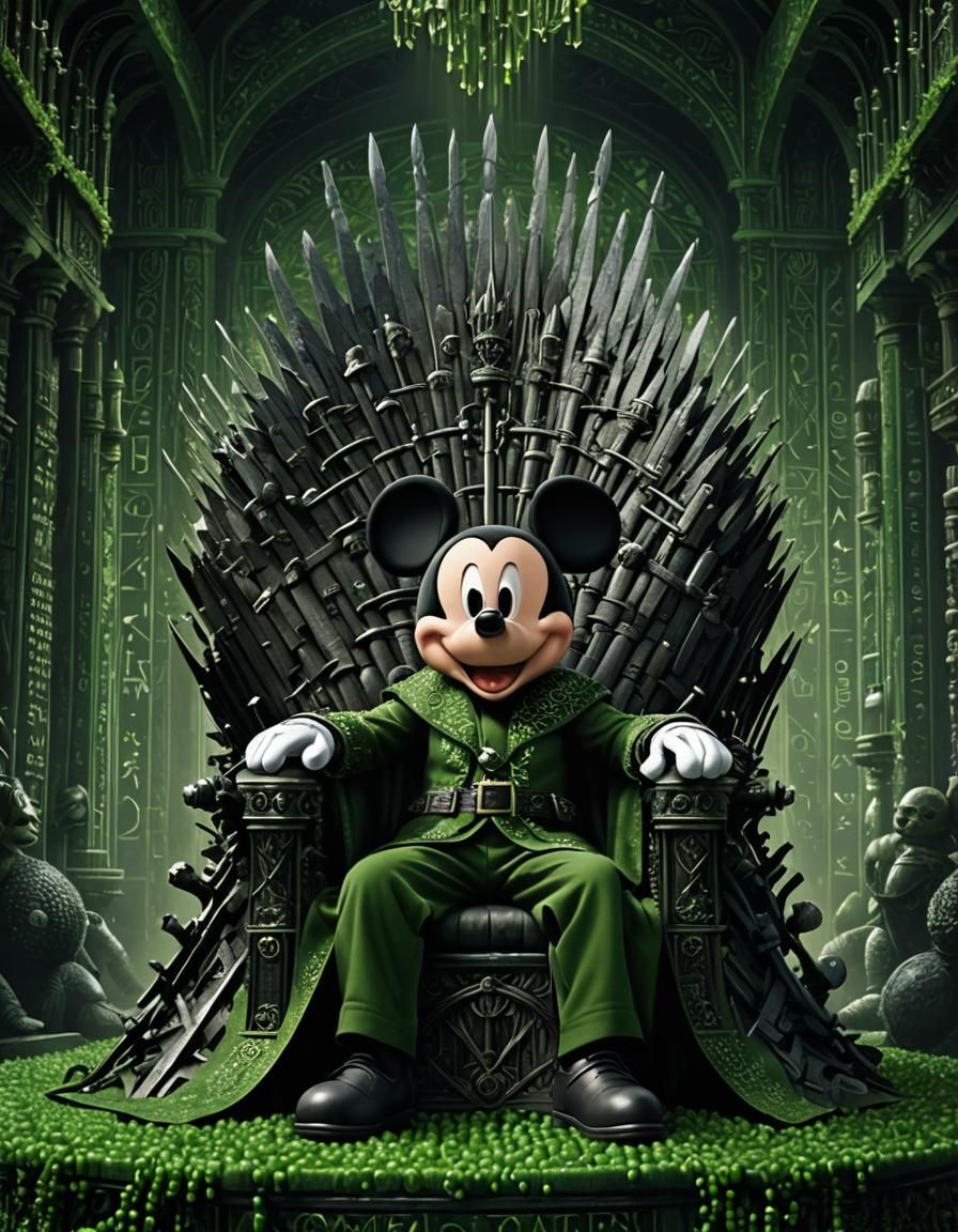 Mickey_Mouse sitting on the iron throne, as king of disney, in a matrix binary code style composed entirely of (small gr...