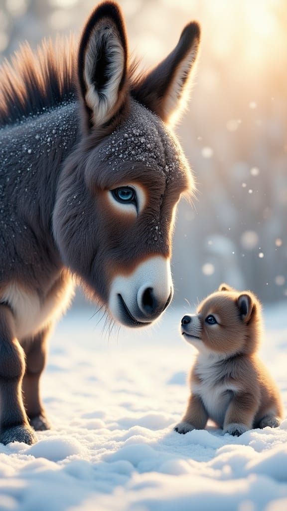 Adorable Donkey and Puppy in Snowy Scene