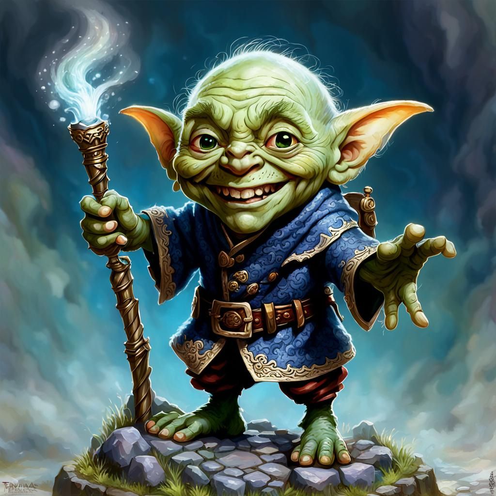 Smiling Goblin Halfling Sorcerer in Ethereal Fantasy Style