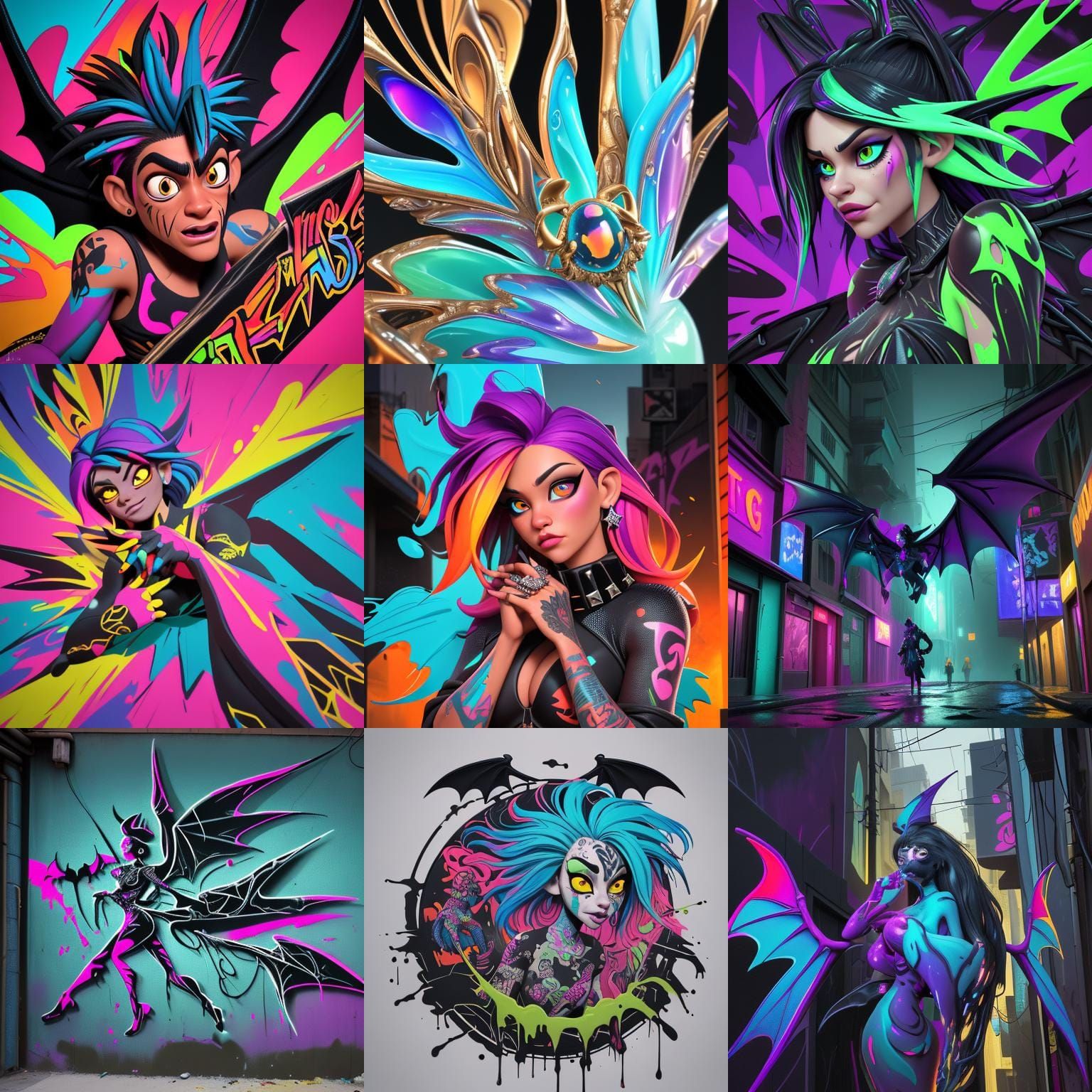 Bat Wing Engagement Ring in Graffiti Art Style