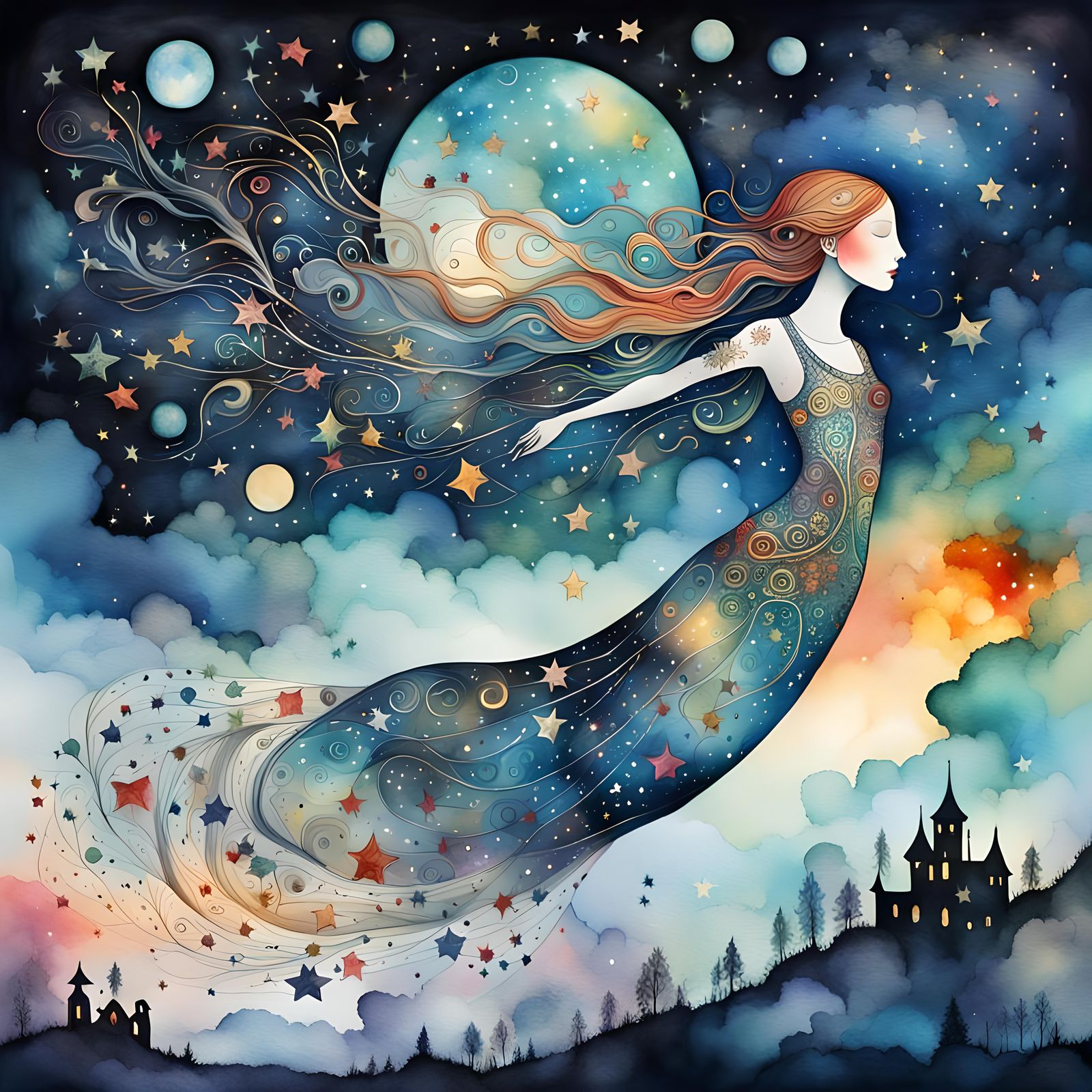 Lady Night: Surreal Watercolor and Ink Illustration