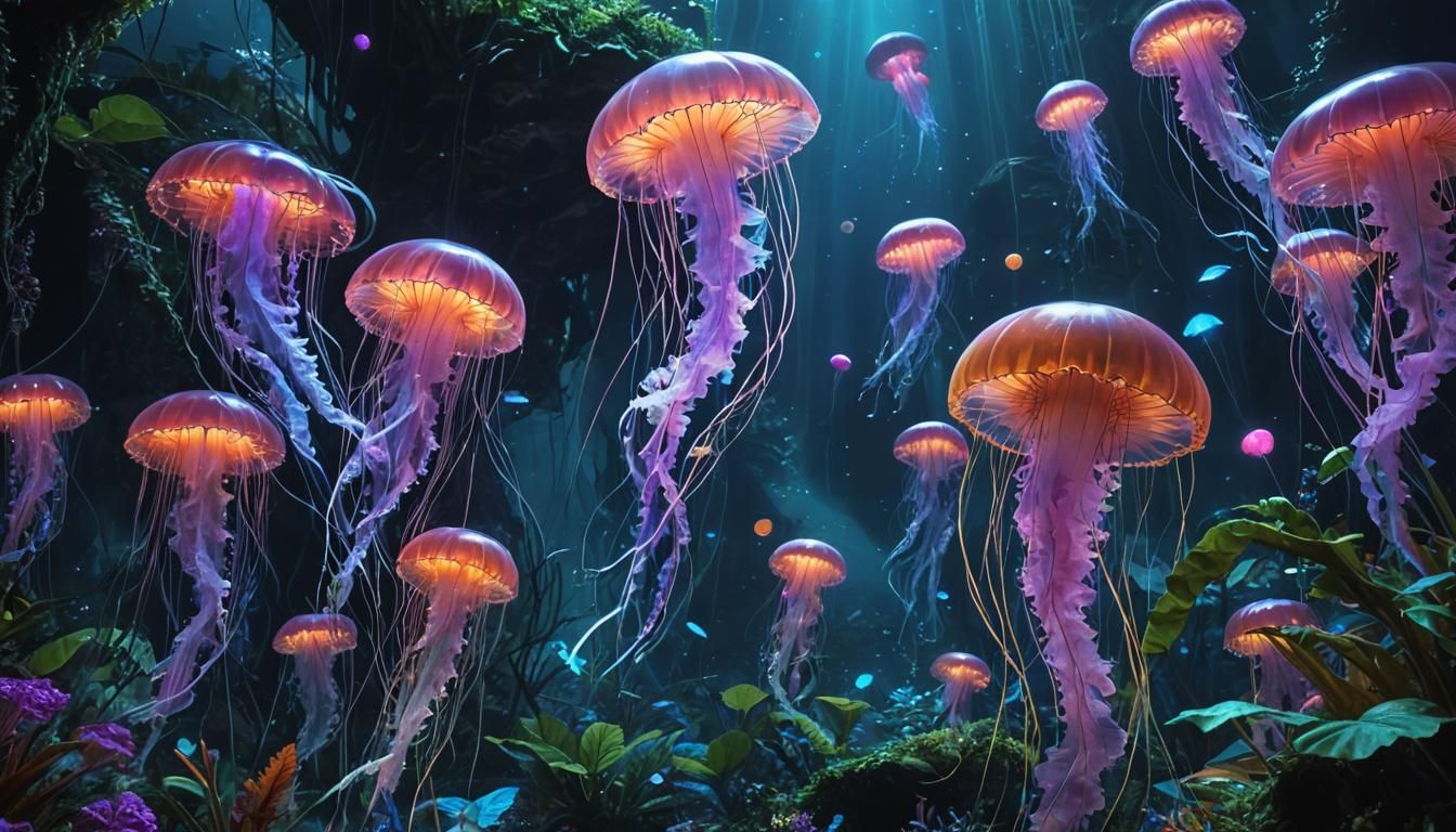 Bioluminescent Jellyfish in Deep-Sea Fantasy Forest