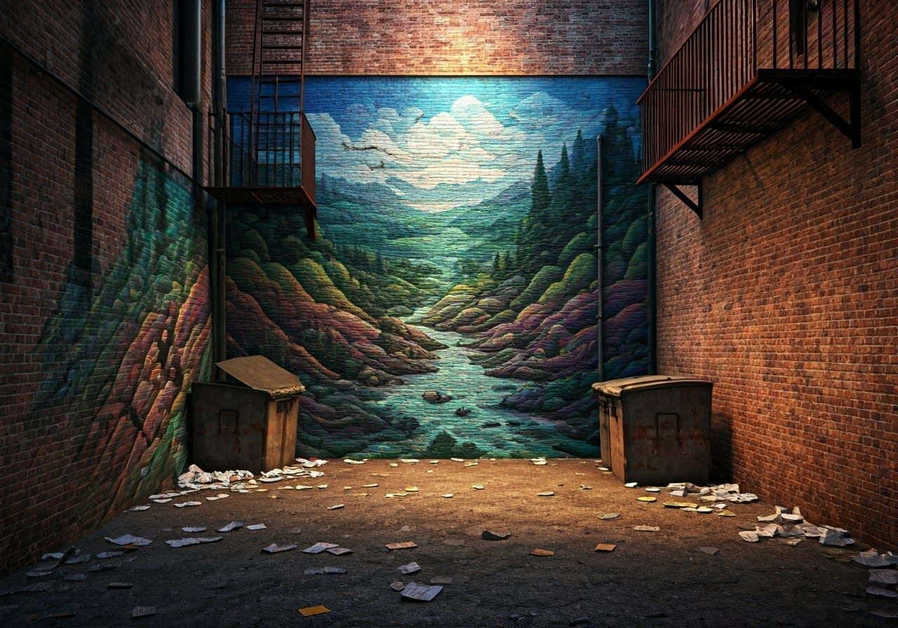 Street Art Landscape Mural in Gritty Alleyway