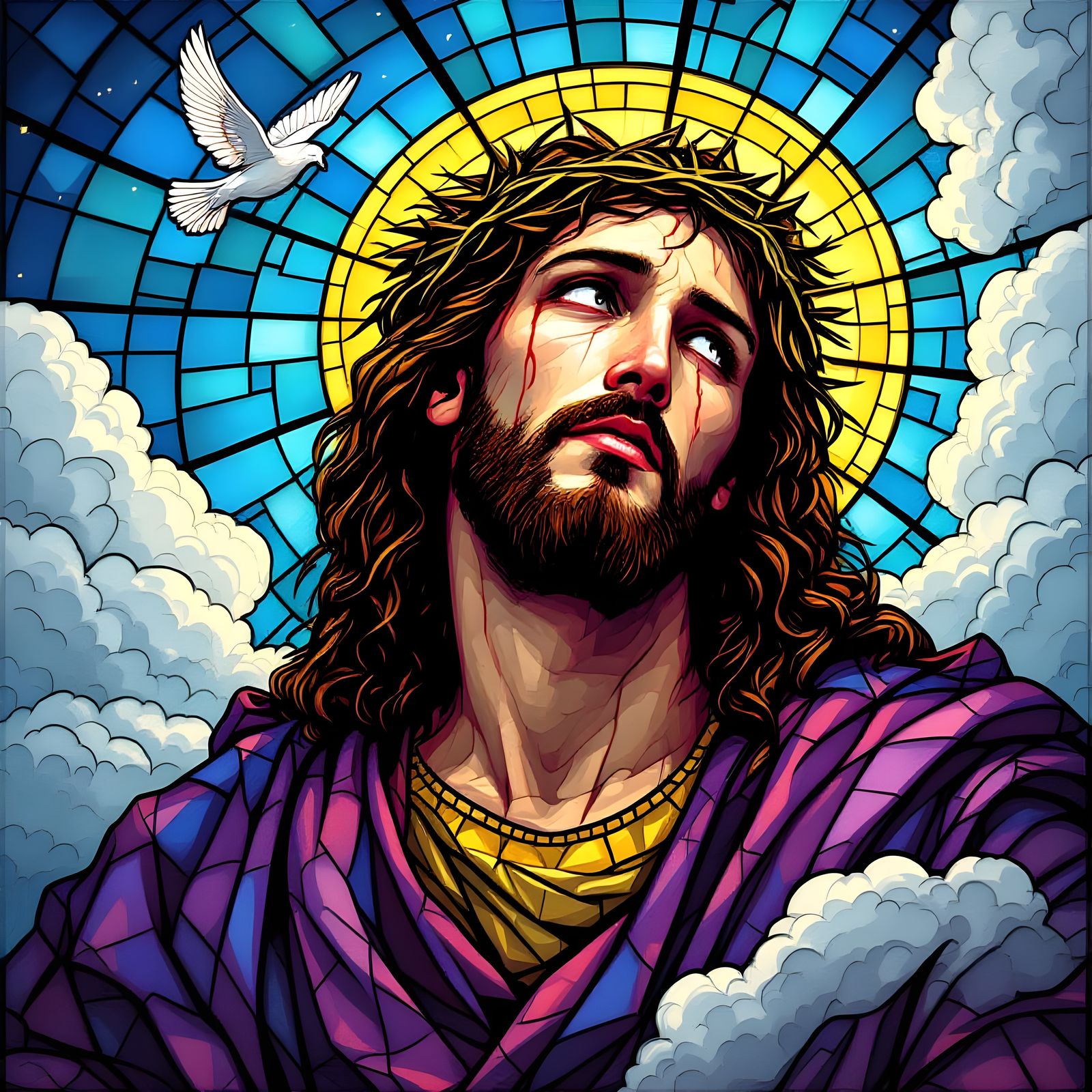 Jesus in Stained Glass, Purple Robes, and Crown of Thorns
