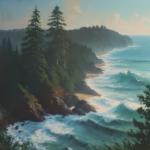 Gouache Painting: Forest Meets Sea with Thick Impasto