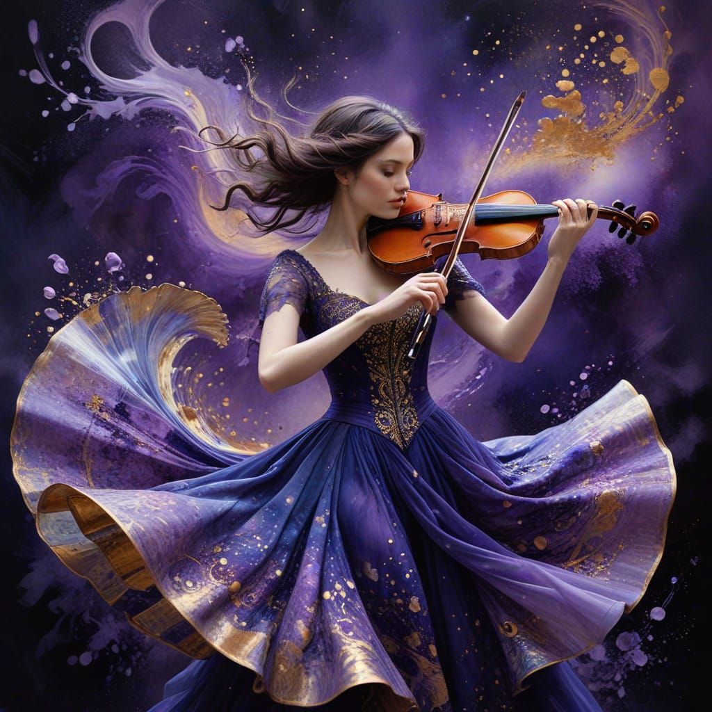 Ethereal Violinist in Vibrant, Dreamy Landscape
