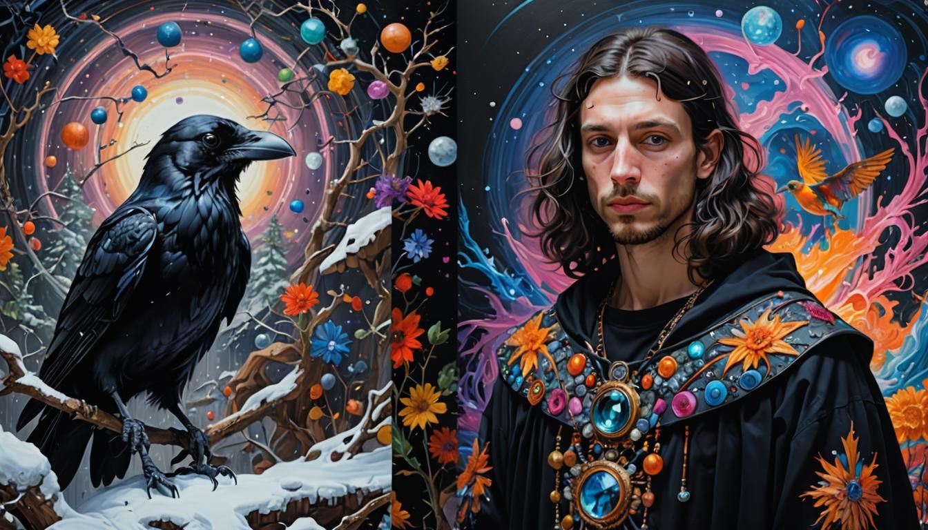 Psychedelic Raven in Snowy Silicon Landscape