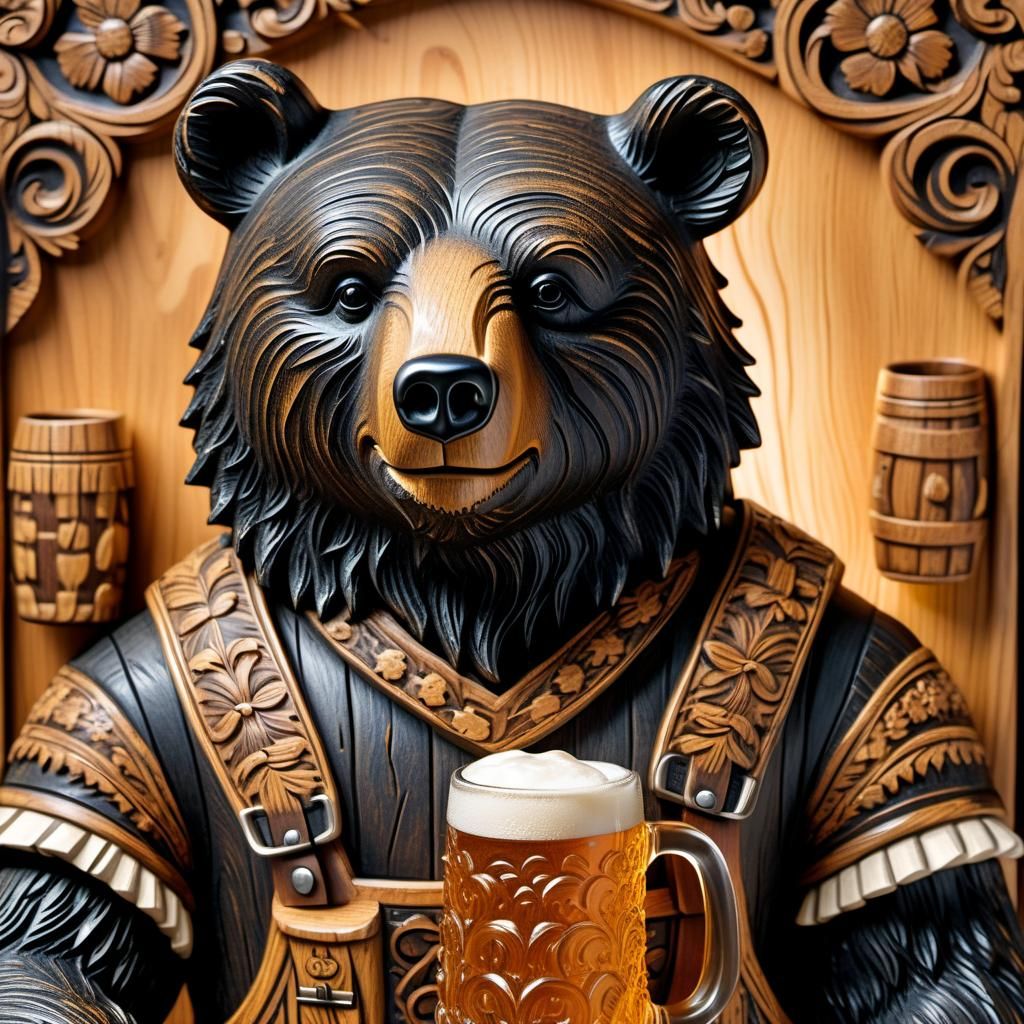 Bavarian Bear Wood Carving in Folk Art Style