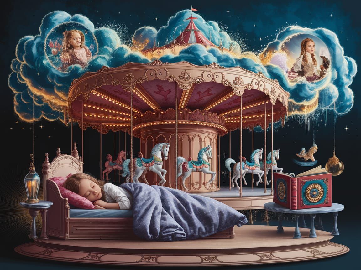 Child's Dream: Carousel Emerging from Sleepy Room