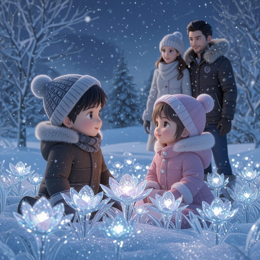 Children Marvel at Ice Flowers in Snowy 3D Anime Landscape