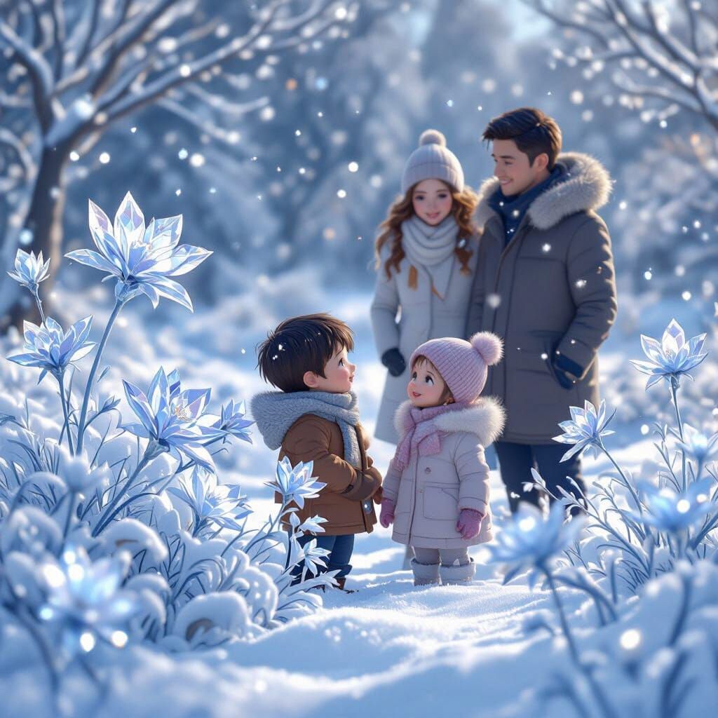 Magical Winter Scene: Ice Flowers Bloom in Snowy Landscape