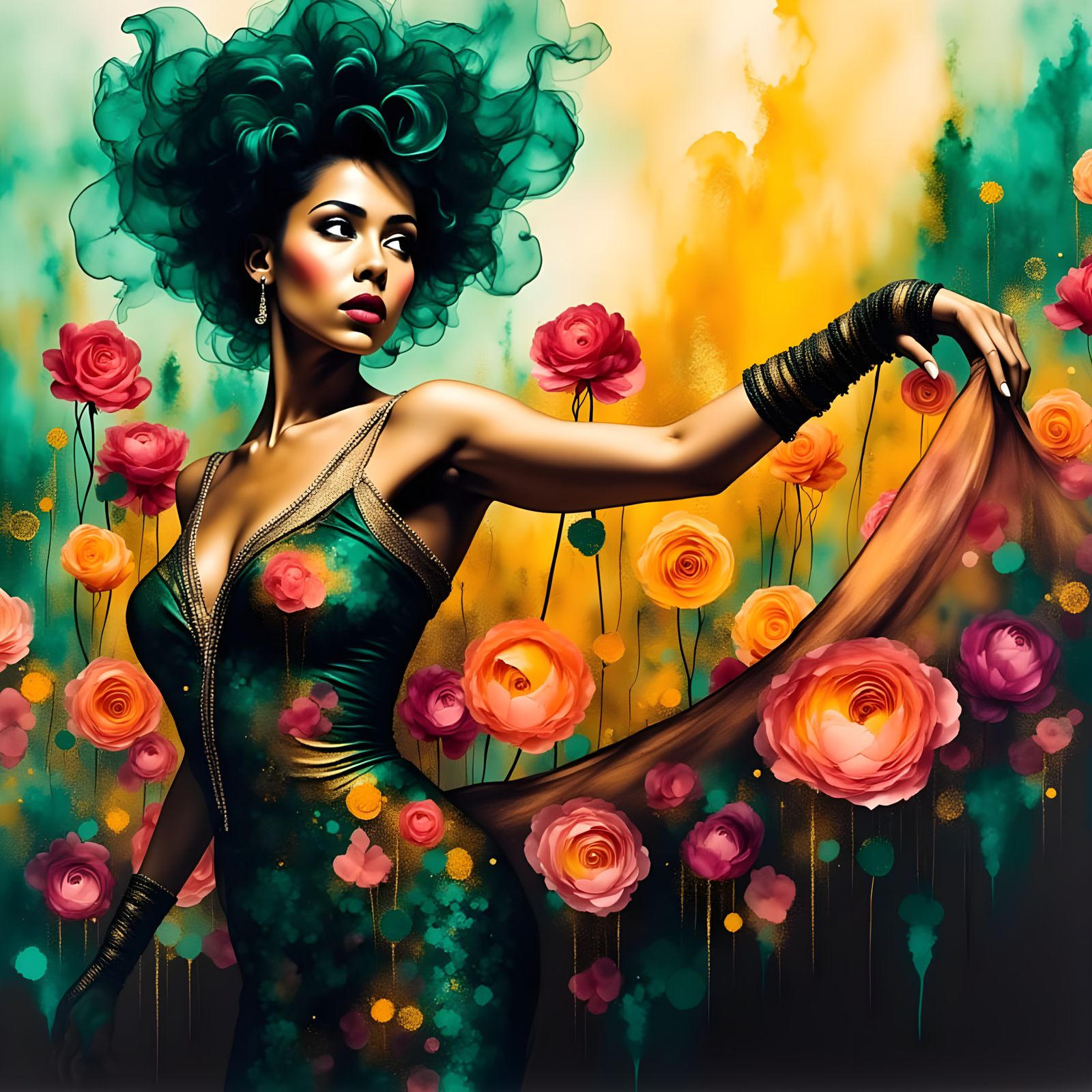 Afrofuturist Showgirl Portrait with Roses in 1920s Cabaret S...