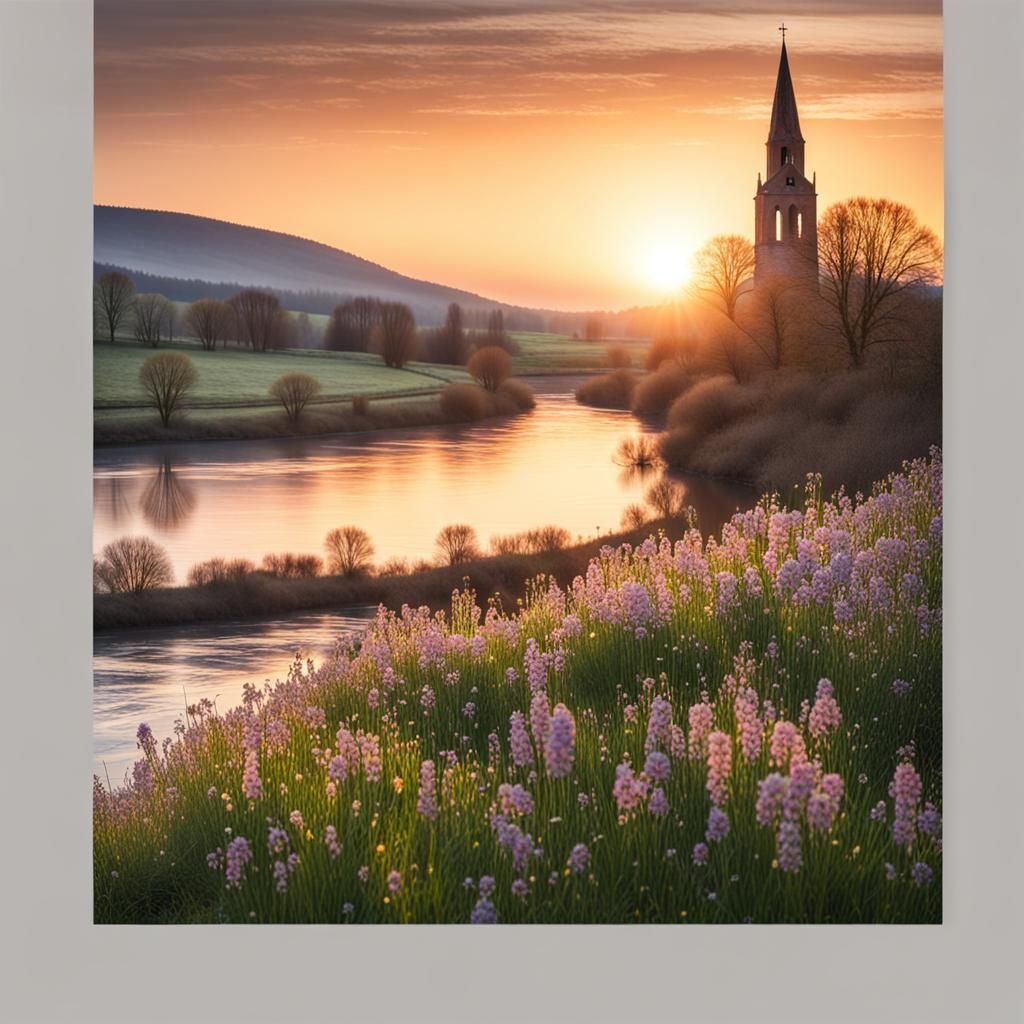 Sunrise Over River Valley With Church Tower