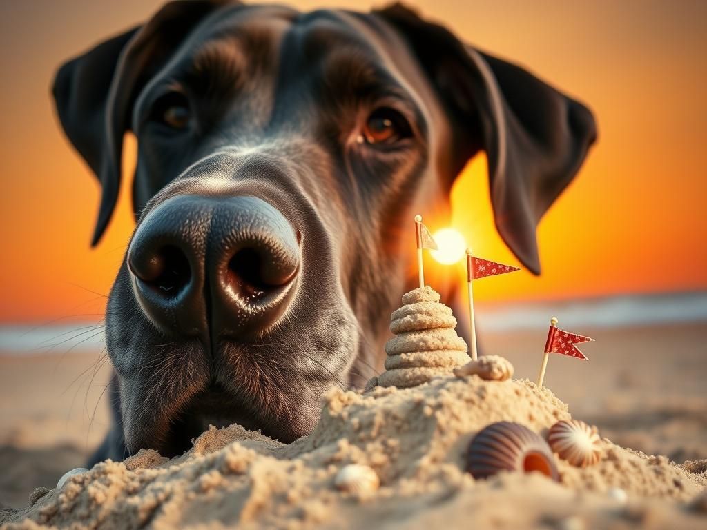 Great Dane and Sandcastle at Sunset
