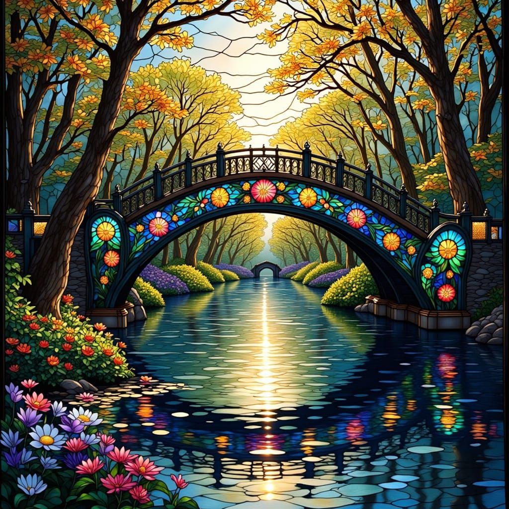 Majestic Stained Glass Bridge Over Serene River