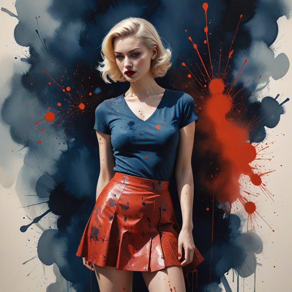 1950s Pin-Up Woman in Red Outfit, Surreal Watercolor Style