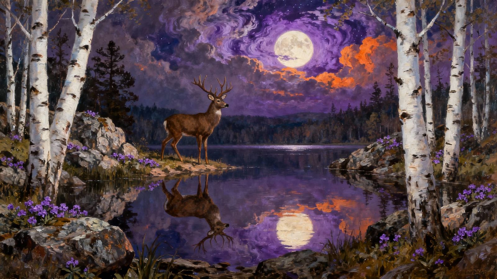 Majestic Buck by Moonlit Lake in Oil Painting Style