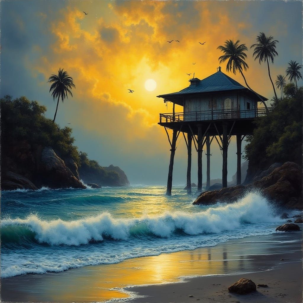 Surreal Beach House Masterpiece Under Stormy Night