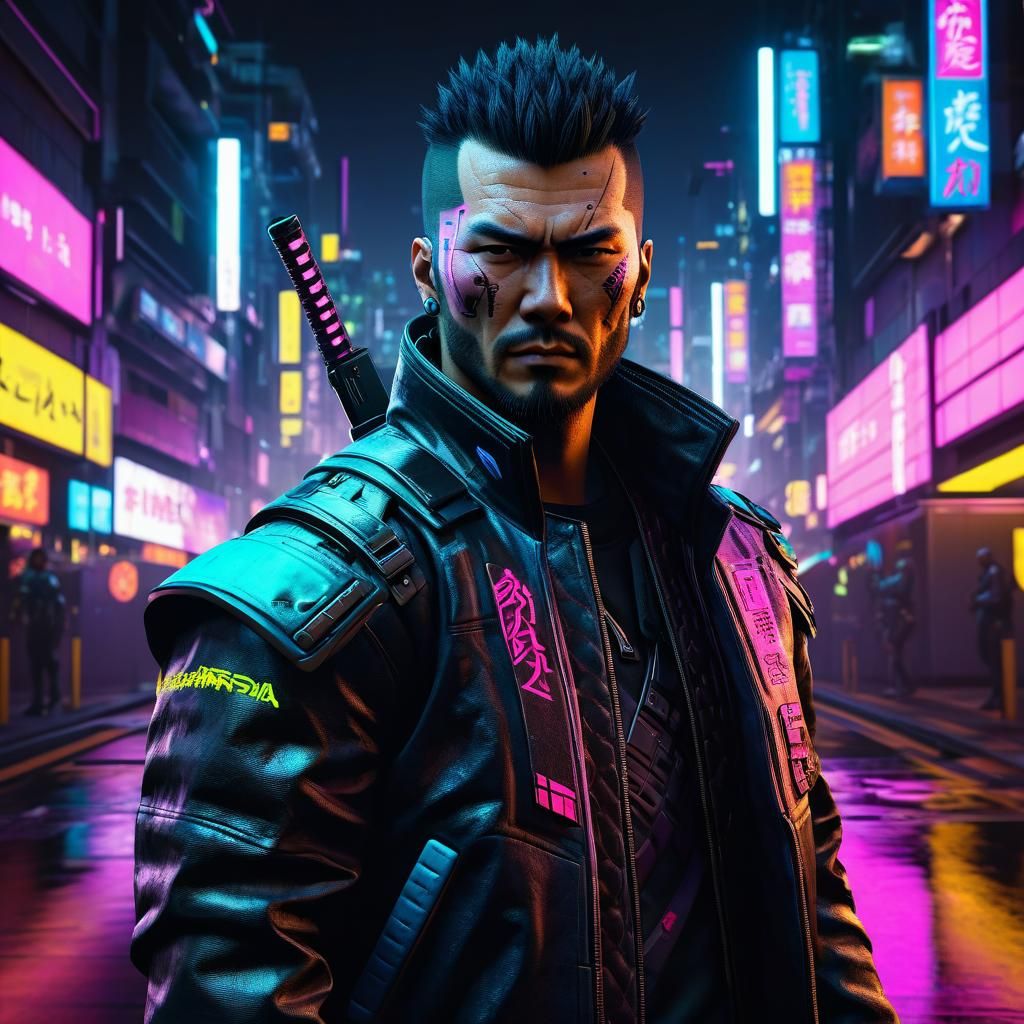 Cyberpunk Street Samurai Portrait in Neon City