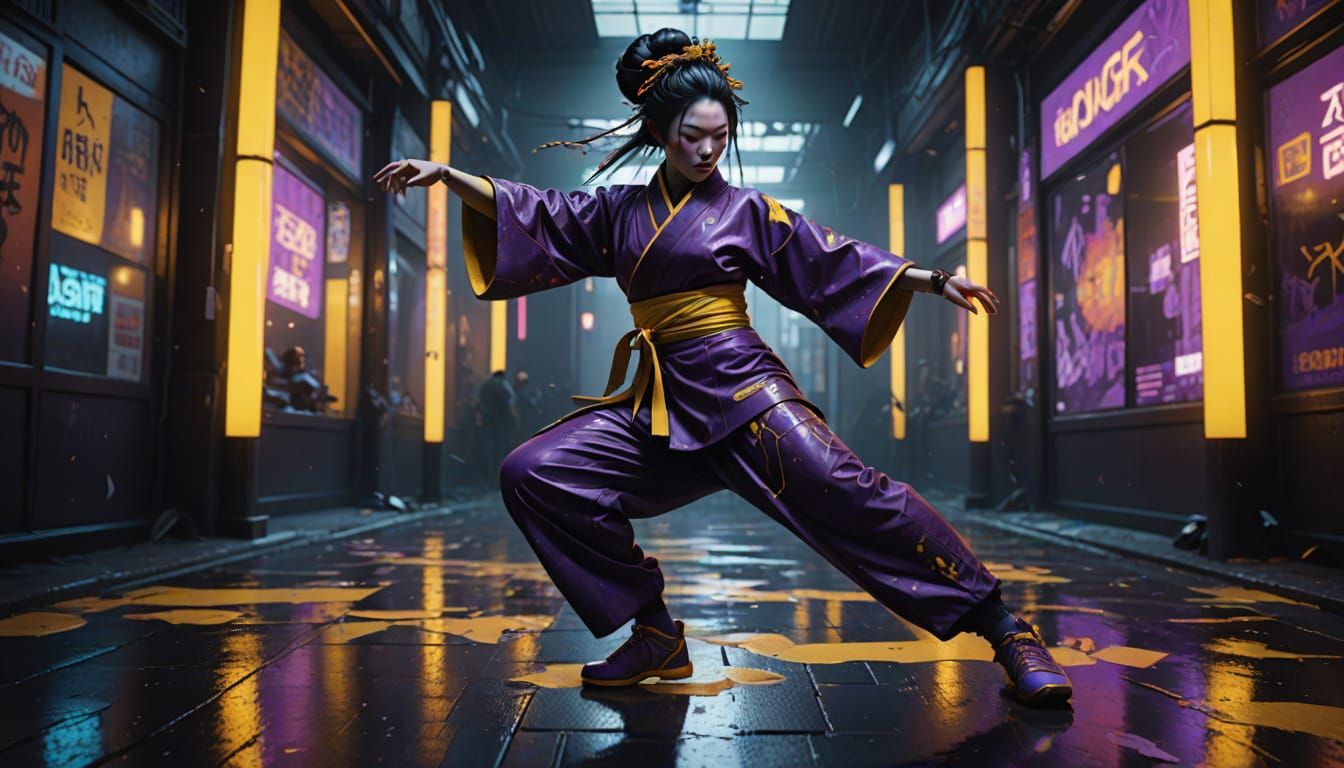 Geisha Breakdance in Digital Cyberpunk Style